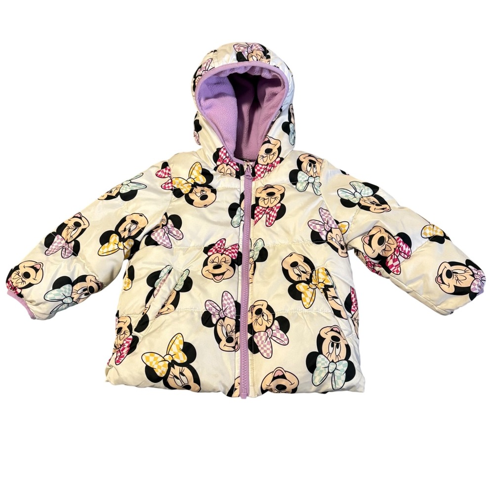 Disney Jumping Beans Puffer Jacket Toddler 2T White Minnie Mouse Hooded Fleece